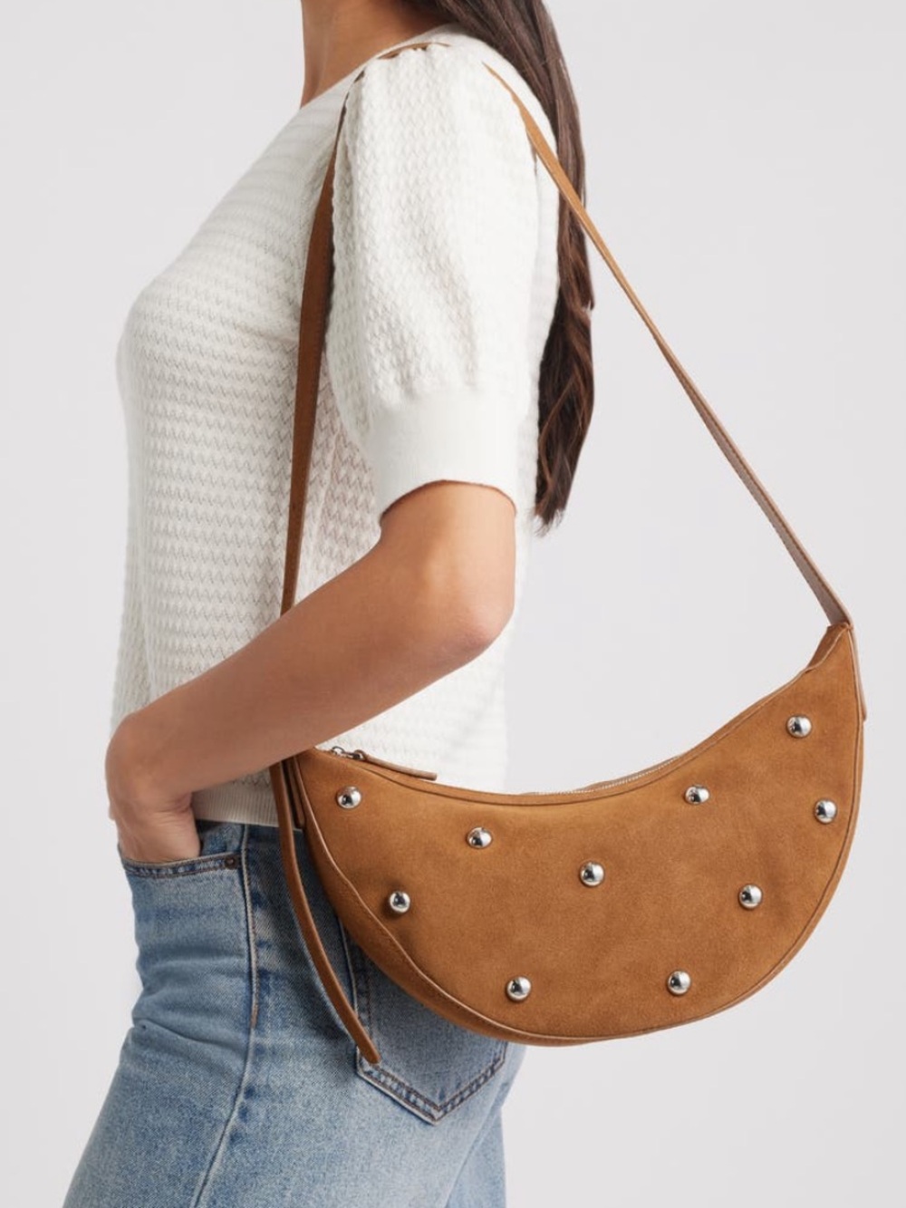 Madewell Crescent Studded Suede Leather Crossbody Bag
